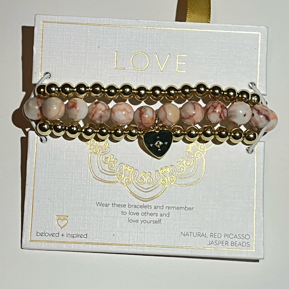Beloved + Inspired Jasper pink/white marbled jasper and gold beaded bracelet